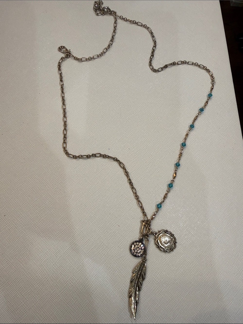 Delicate Long  Gold-Tone Feather & Turquoise Charm Necklace